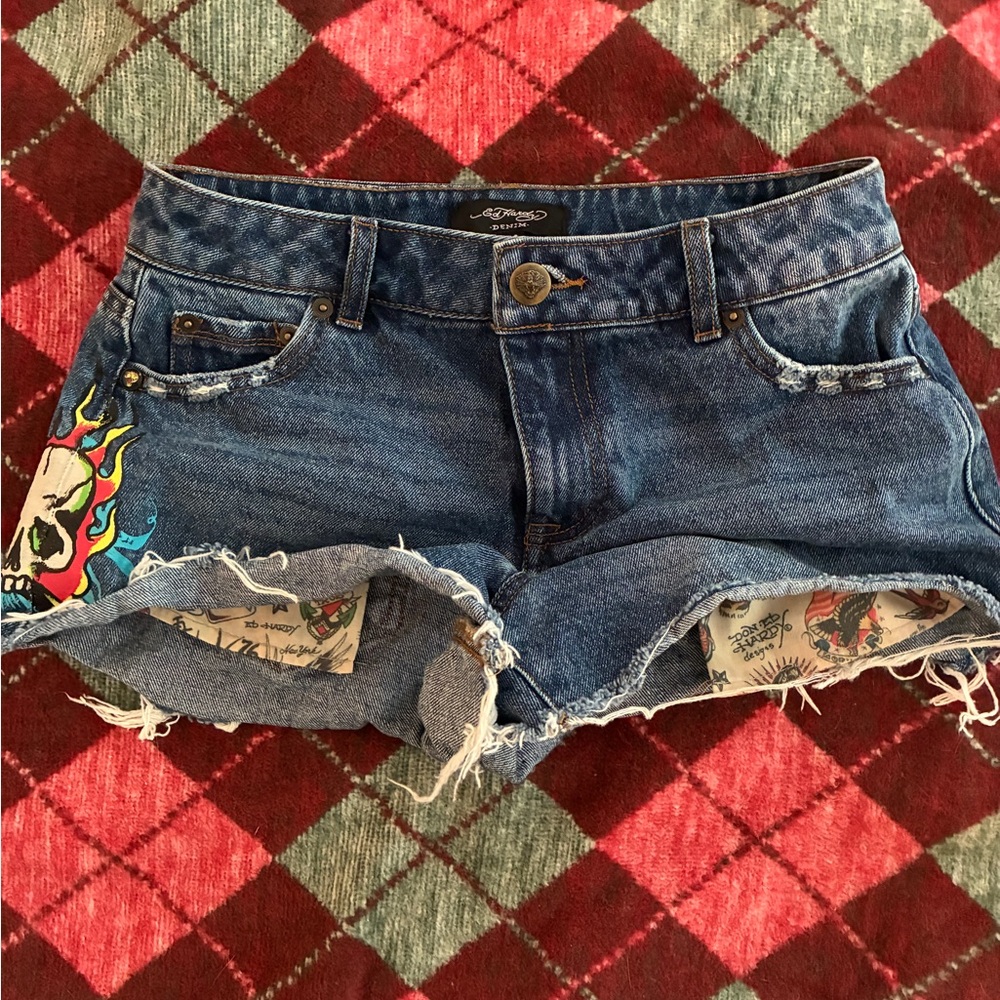Ed Hardy Blue Jean Shorts with Colorful Skull Design